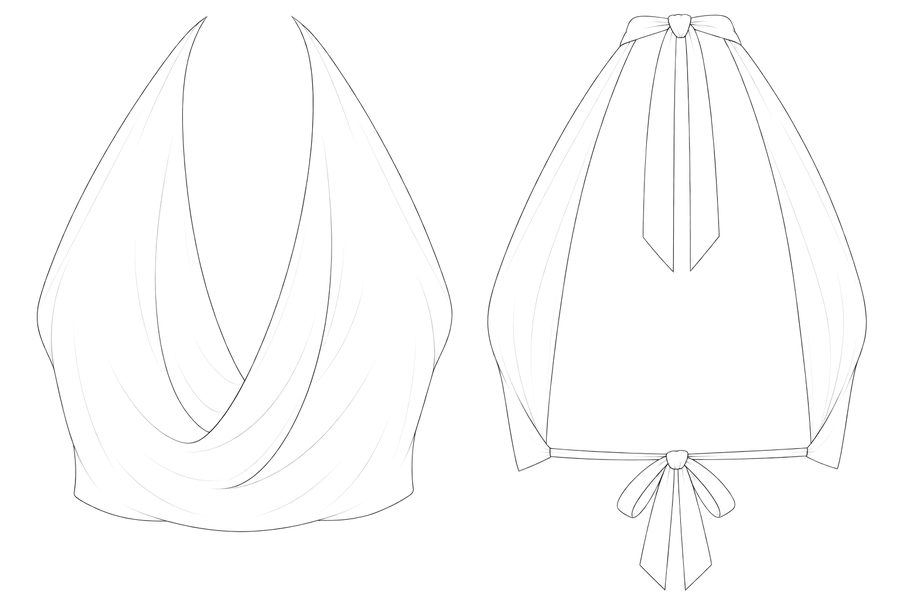 Technical sketch of the Calipso halter top, front and back